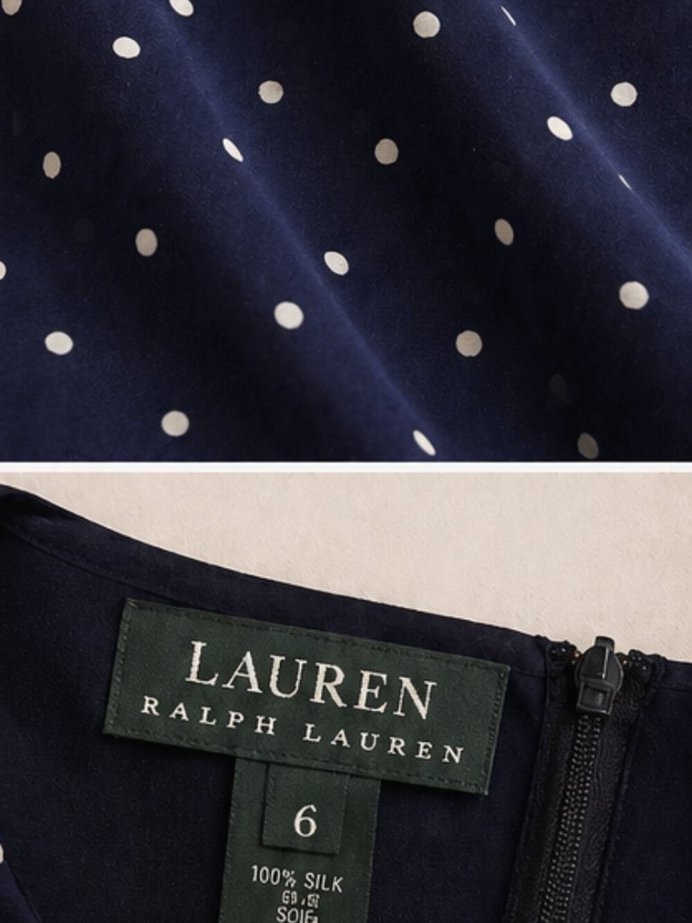 Ralph Lauren 100% Silk Polka Dot Dress 6 Navy/White Elegant - Picture 3 of 5